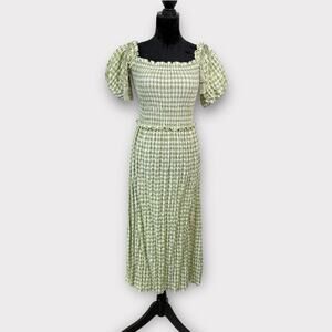 Max Studio Smocked Puff Sleeve Midi Dress Size Small Green Ivory Cottage Prairie